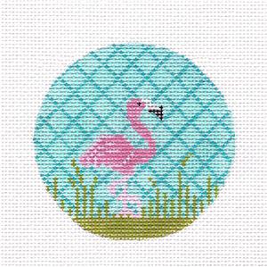 Kelly Clark ~ Pink Flamingo handpainted 3" Round 18 Mesh Needlepoint Ornament Canvas by Kelly Clark