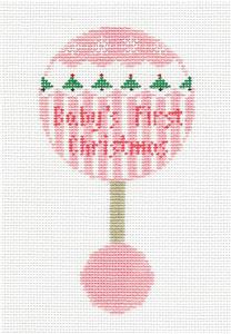 Baby Canvas ~ Baby Girl First Christmas Pink Rattle handpainted 18 mesh Needlepoint Canvas Kathy Schenkel