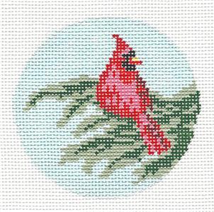 Bird Round ~ Male Cardinal handpainted 3" Rd. 18 Mesh Needlepoint Canvas by Needle Crossings