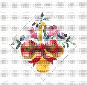 Canvas~Basket of Flowers with Bow Diamond handpainted Needlepoint Ornament by Juliemar