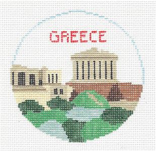 Travel Round ~ Country of GREECE handpainted 18 Mesh 4" Rd. Needlepoint Canvas by Kathy Schenkel