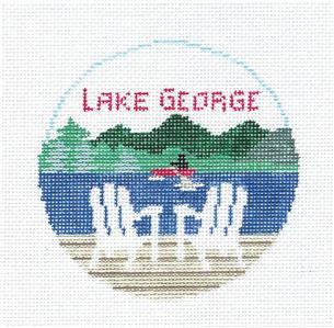 Travel Round ~ LAKE GEORGE, NEW YORK handpainted 4" Rd. 18 Mesh Needlepoint Canvas by Kathy Schenkel
