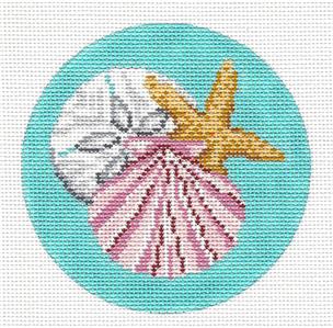 Seaside Round ~ Seashell, Starfish & Sand Dollar 4" Rd. handpainted 18 Mesh Needlepoint Canvas by Needle Crossings