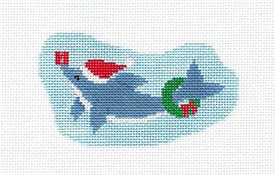Christmas Canvas ~ Dolphin Wearing a Santa Hat with Gift & Wreath Ornament 18 Mesh handpainted 18 Mesh Needlepoint Canvas Susan Roberts