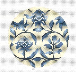 Kelly Clark ~ Beautiful Blue & Cream Toile handpainted 3" Rd. Needlepoint Ornament Canvas