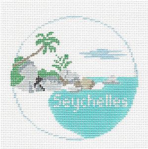 Travel Round ~ SEYCHELLES ARCHIPELAGO of ISLANDS handpainted 4" Rd. 18 Mesh Needlepoint Canvas by Kathy Schenkel