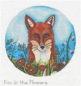 Fox Round ~ Fox in a meadow of Flowers handpainted Needlepoint Ornament Unique NZ Designs ~ Juliemar