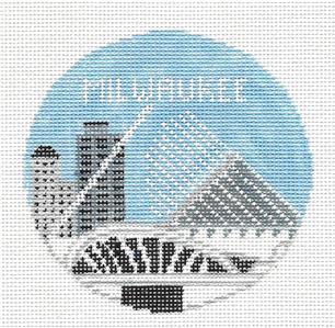 Travel Round ~ MILWAUKEE, WISCONSIN handpainted 18 mesh 4" Rd. Needlepoint Canvas by Kathy Schenkel