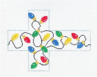 Cube ~ Christmas Lights 3-D CUBE handpainted Needlepoint Canvas Ornament Kathy Schenkel
