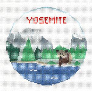 Travel Round ~ YOSEMITE NATIONAL PARK, CALIFORNIA 4" Rd. handpainted 18 Mesh Needlepoint Canvas by Kathy Schenkel