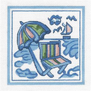 Hadley Pottery ~ Day at the Beach Scene handpainted 5" SQ. Needlepoint Canvas by Silver Needle