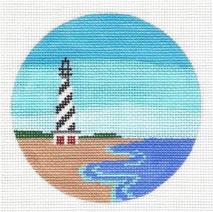 Travel Round ~ NORTH CAROLINA Seashore & Lighthouse 4" Rd. 18 Mesh Needlepoint Canvas by Painted Pony