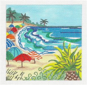 Beach Scene ~ Tropical Seaside Beach Umbrellas 18 Mesh handpainted Needlepoint Canvas Kamala ~ Juliemar