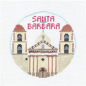 Travel Round ~ SANTA BARBARA, CALIFORNIA 18 Mesh HP Needlepoint Ornament Canvas by Kathy Schenkel