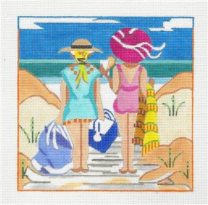 Beachside Canvas ~ Best Friends At the Beach handpainted 18 Mesh Needlepoint Canvas by Kamala ~ Juliemar