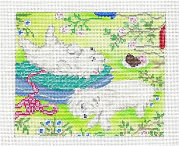 Dogs ~ "The Wild Ones" 2 Dogs Relaxing on Cushions handpainted 18 mesh Needlepoint Canvas Ornament by Ciao Bella