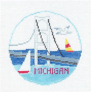 Travel Round ~ Mackinac Bridge in MICHIGAN Needlepoint Canvas by Kathy Schenkel