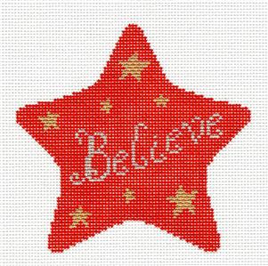 Christmas ~ " BELIEVE " ... RED & GOLD STAR Ornament handpainted Needlepoint Canvas by Susan Roberts