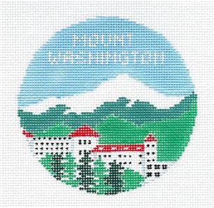 Travel Round ~ MOUNT WASHINGTON, NEW HAMPSHIRE handpainted Needlepoint Canvas by Kathy Schenkel