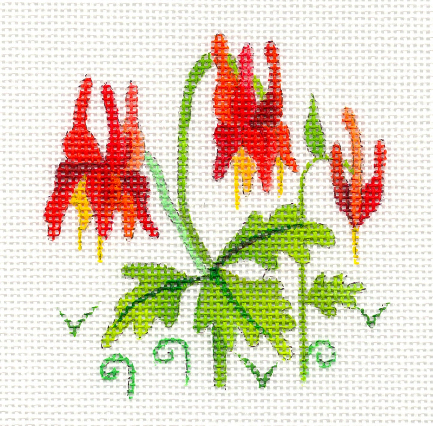 Round~Red Columbine Flowers handpainted Needlepoint Canvas Ornament by Juliemar
