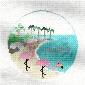 Travel Round ~ Caribbean Island of ARUBA handpainted 18 Mesh 4" Rd. Needlepoint Canvas by Kathy Schenkel