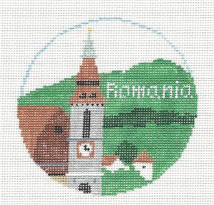 Travel Round ~ Country of ROMANIA handpainted 4" Rd. 18 Mesh Needlepoint Canvas by Kathy Schenkel