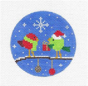 Round ~ 2 Birdies & a Christmas Gift 4" Ornament handpainted 13 mesh Needlepoint Canvas by Karen ~ CBK