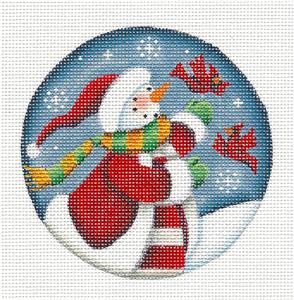 Round ~ Snow Lady & Cardinals handpainted 18mesh Needlepoint Canvas 4" Ornament by Rebecca Wood