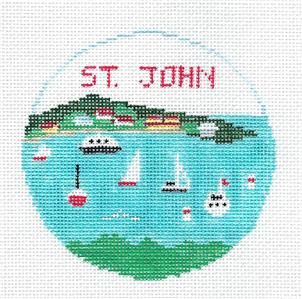 Travel Round ~ St. John in the U.S. Virgin Islands handpainted 18 Mesh Needlepoint Canvas Kathy Schenkel