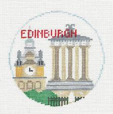 Travel Round ~ Edinburgh, Scotland handpainted 18 Mesh 4" Rd. Needlepoint Ornament Canvas by Kathy Schenkel RD.