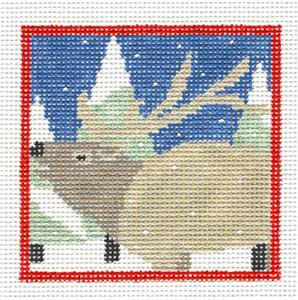 Coaster ~ ELK in Snowflakes & Trees handpainted 13 mesh Needlepoint Canvas 4" Square by Kathy Schenkel