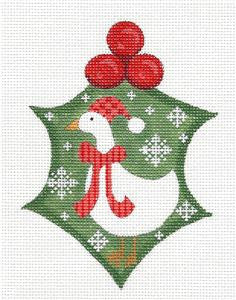Holly ~ Holly Leaf with White Goose handpainted 18 mesh Needlepoint Canvas by CH Designs ~ Danji