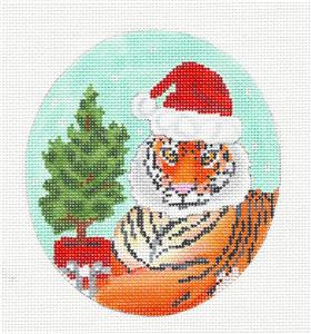 Christmas Oval ~ Tiger in Santa Hat Christmas handpainted 18 Mesh Oval Needlepoint Canvas by Scott Church