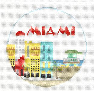 Travel Round ~ MIAMI BEACH, FLORIDA Needlepoint Ornament Canvas Kathy Schenkel RD.