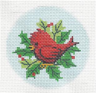 Bird Round ~ Baby Cardinal in Holly & Berries 3" Rd. handpainted 18 mesh Needlepoint Canvas by LEE