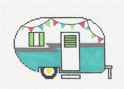 Canvas ~ Teal Summer Camper Travel Trailer handpainted Needlepoint Can – Needlepoint by Wildflowers