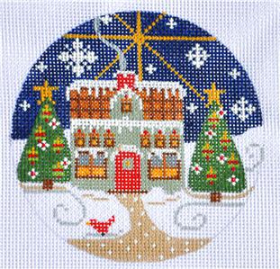 Village Series ~ Teal Green House with Cardinal HP 18 Mesh Needlepoint Ornament Canvas by CH Design Danji