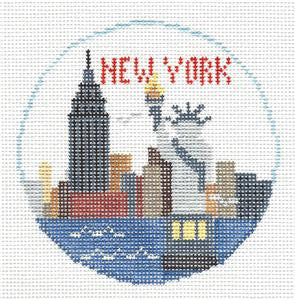 Travel Round ~ New York, New York handpainted 4" Rd. 18Mesh Needlepoint Ornament Canvas by Kathy Schenkel