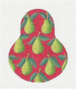 Kelly Clark Pear ~ Green Anjou Pears on Red 18 mesh handpainted Needlepoint Ornament by Kelly Clark