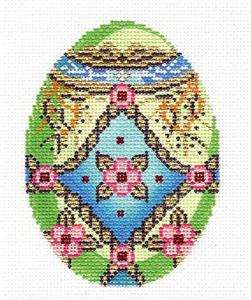 Faberge Egg ~ Jeweled Egg Rose Floral on Green with Gold Braid handpainted 18 Mesh Needlepoint Canvas Ornament LEE
