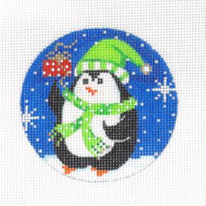 Round ~ Penguin With Gift handpainted 13 Mesh Needlepoint Ornament Canvas 4" Rd by Alice Peterson