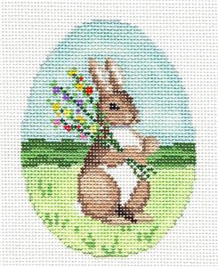 Egg ~ Bunny with a Bouquet Egg Easter handpainted Needlepoint Ornament Canvas by Susan Roberts