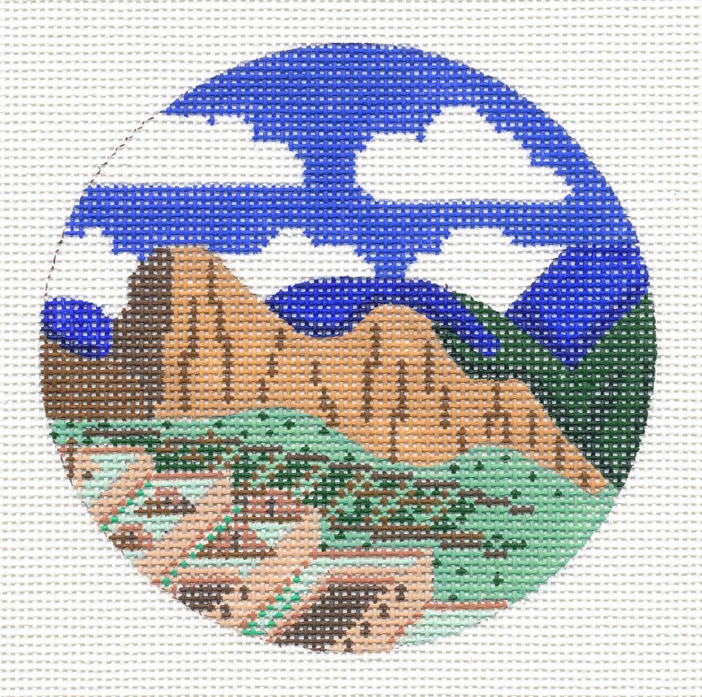 Travel Round ~ Machu Picchu in Peru Destination round handpainted 4" Needlepoint Canvas by Painted Pony