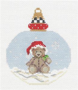 Christmas ~ TEDDY BEAR BOY Ornament in Santa Hat handpainted Needlepoint Canvas by Kelly Clark