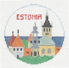 Travel Round ~ REPUBLIC of ESTONIA handpainted 4" Rd. 18 Mesh Needlepoint Ornament Canvas by Kathy Schenkel