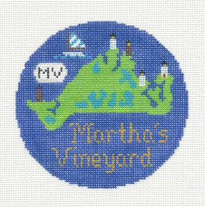 Travel Round ~ MARTHA'S VINEYARD, MASSACHUSETTS handpainted 4.25" Needlepoint Canvas Ornament by Silver Needle