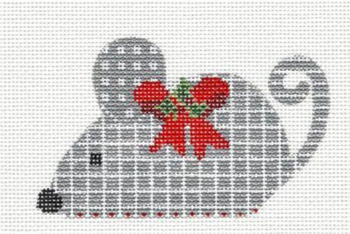 Mouse ~ Gray plaid Mouse with Red Bow & Holly handpainted Needlepoint Canvas by CH Designs from Danji