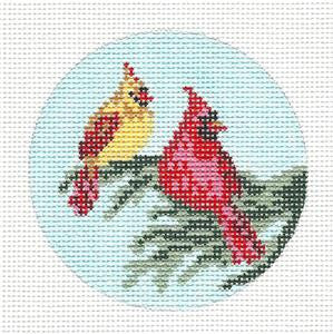 Bird Round ~ Mr. & Mrs. Cardinal 3" Round Ornament handpainted 18 Mesh Needlepoint Canvas by Needle Crossings