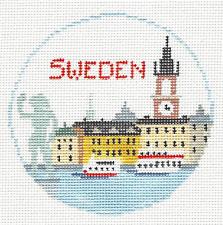 Travel Round ~ Country of Sweden handpainted 18 Mesh 4" Rd. Needlepoint Ornament Canvas by Kathy Schenkel