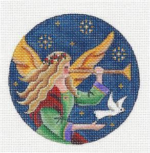 Christmas ~ Angel Blowing Her Trumpet with Her White Dove Ornament 18 Mesh handpainted Needlepoint Canvas by Rebecca Wood